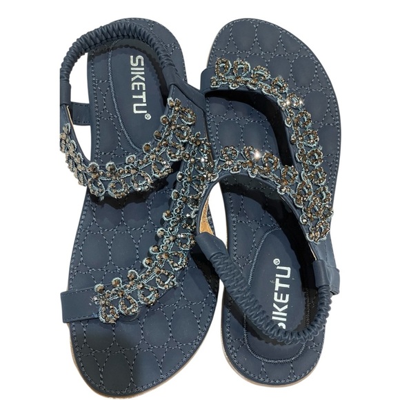 💥SALE💥SIKETU NAVY JEWELED FLIP FLOP SANDALS SZ - Picture 6 of 11